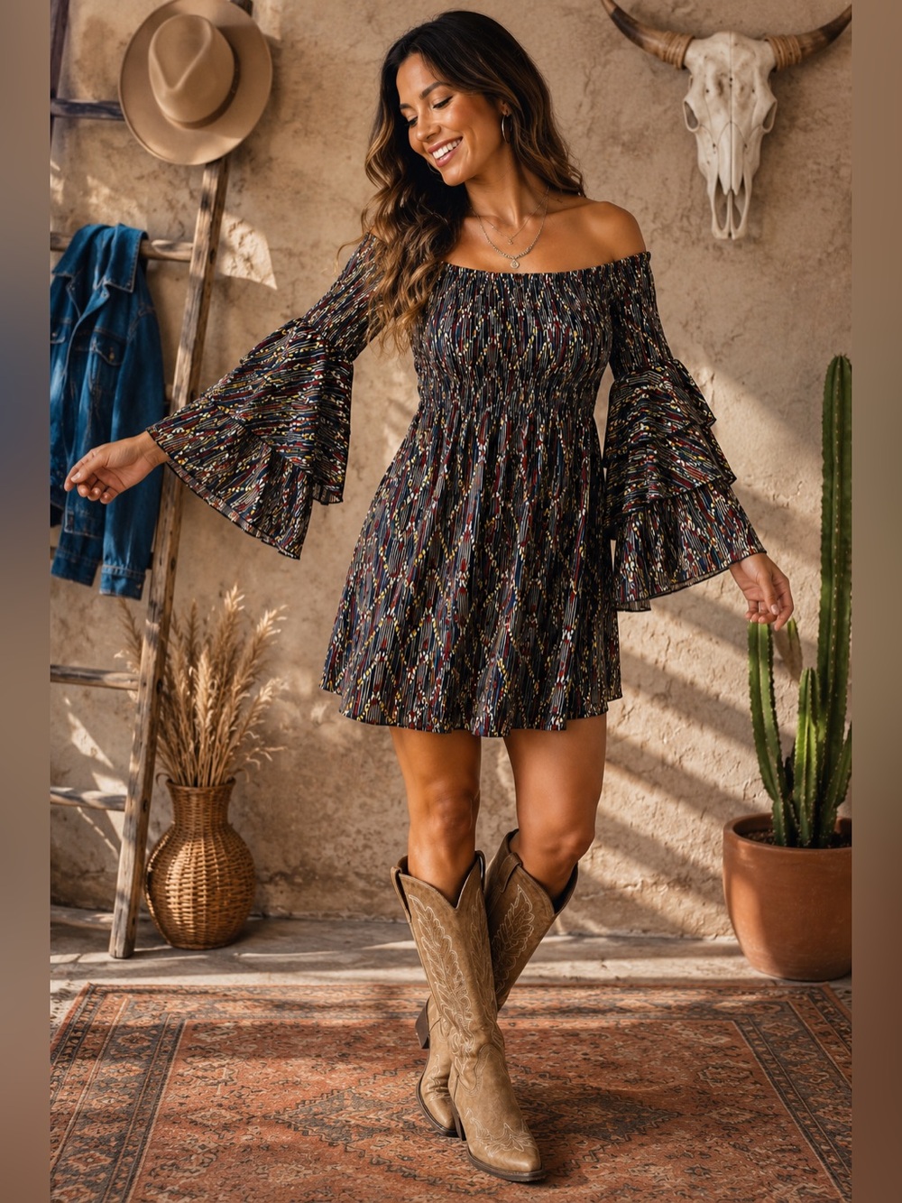 Molly Bracken Multicolor Smocked Bell Sleeve Mini Dress Western Boho Nashville